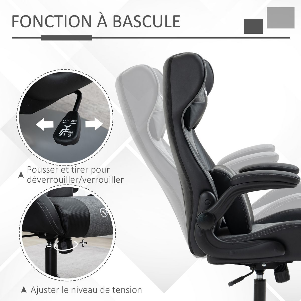 VINSETTO Fauteuil gaming base ronde métal pivotante 360° hauteur réglable tétière coussin lombaires accoudoirs relevables PU tissu gris noir
