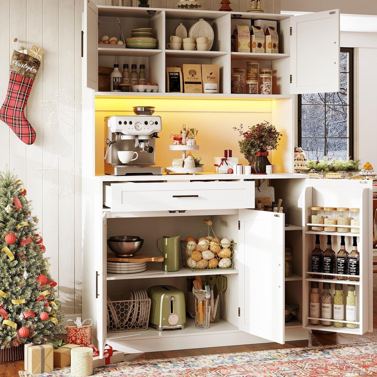 MERAX Buffet de cuisine 5 portes 1 tiroir - 110 cm blanc led mdf