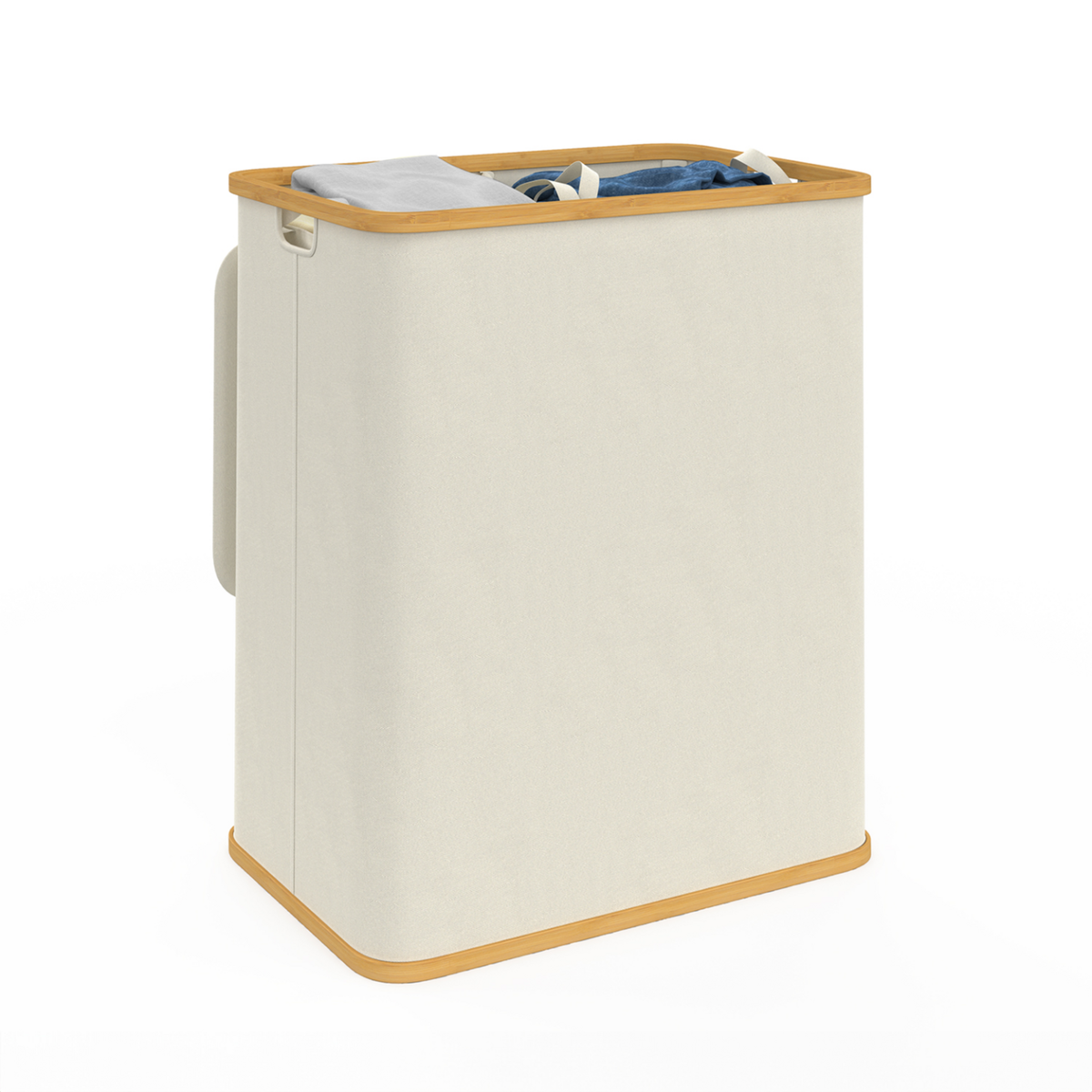 ID MARKET Panier à linge 2 bacs amovibles bambou RITA tissu écru 140 L