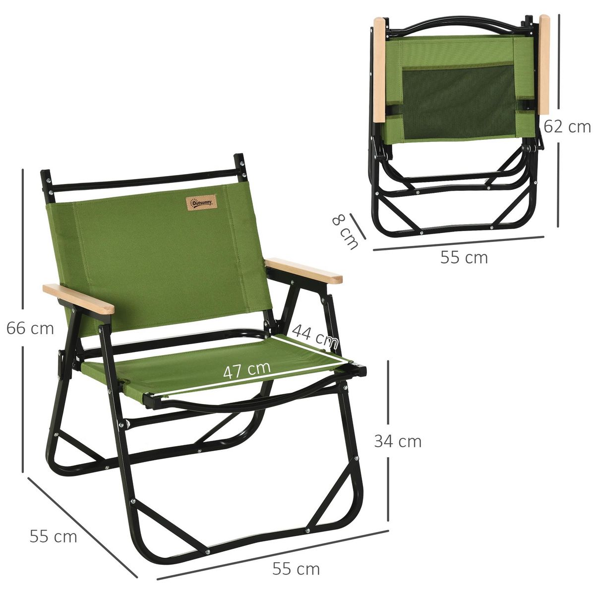 OUTSUNNY Lot de 2 chaises de plage camping pliantes - structure en aluminium avec sac de transport - dim. 55L x 55l x 66H cm vert