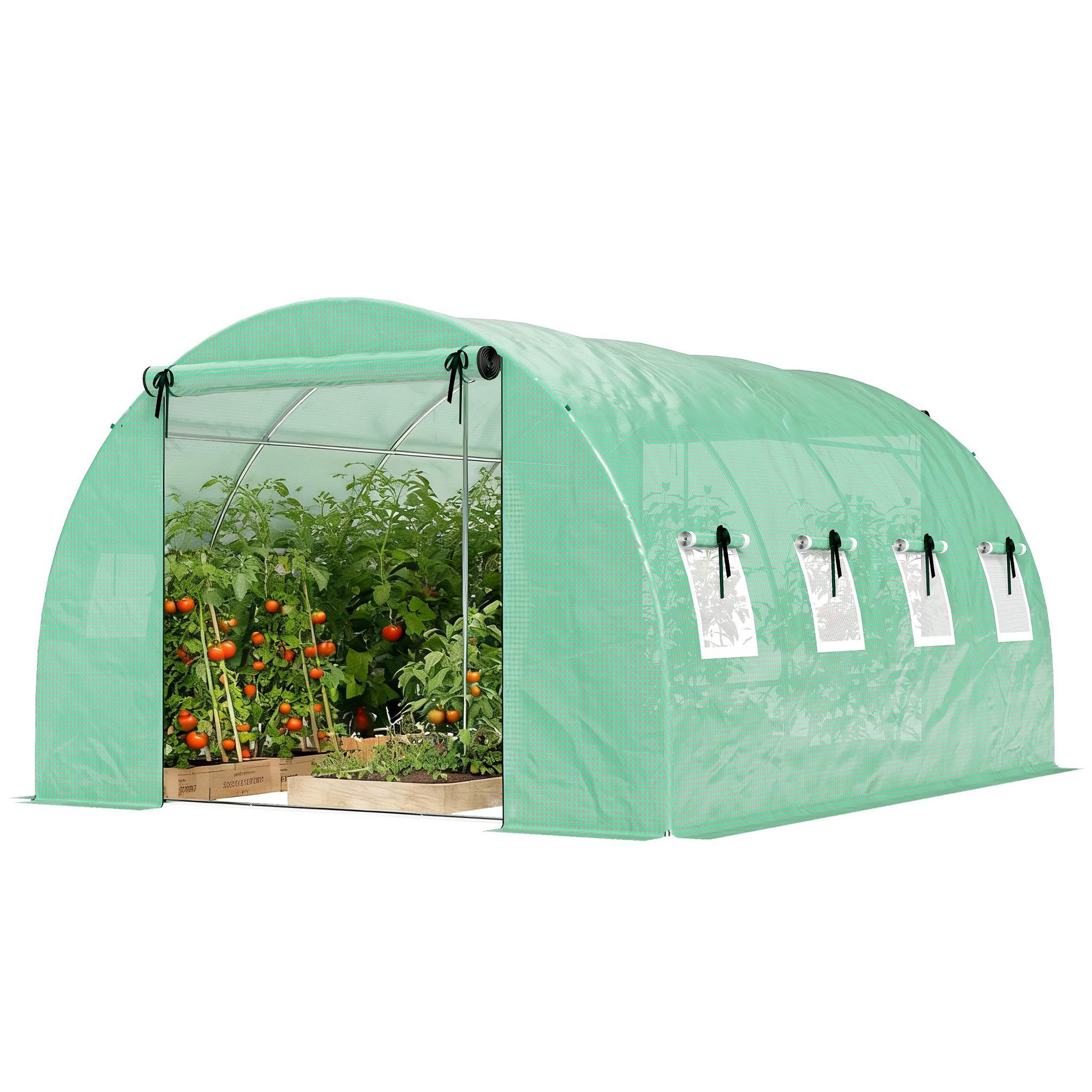 Voir la diapositive 5 : OUTSUNNY Serre tunnel de jardin - 12 m² - bâche pe 140 g/m² - 2 portes et 8 fenêtres - 295x400x200cm - bâche pe 140 g/m² - vert