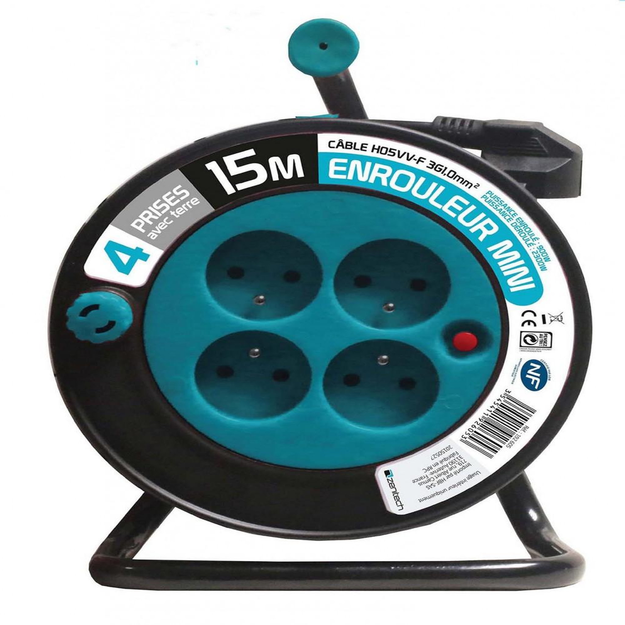 ZENITECH Enrouleur de câble électrique ménager avec terre L. 15 m ho5vvf 3g1, ZENITECH