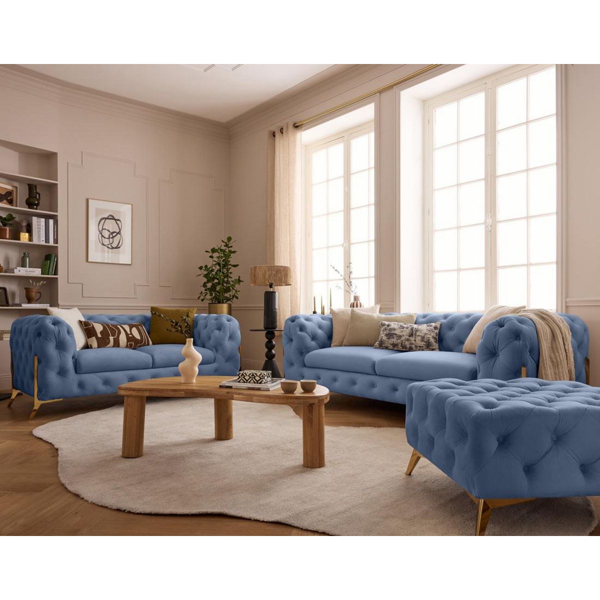 LISA DESIGN Camden - pouf chesterfield en velours - pieds en métal doré