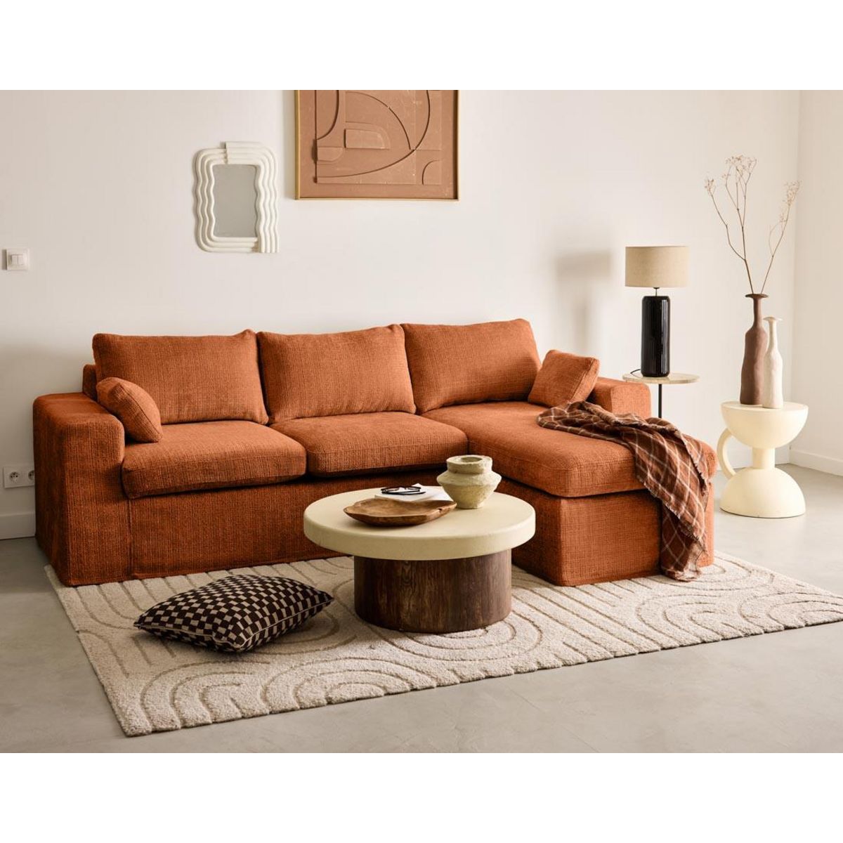 LISA DESIGN Calgary - canapé d'angle déhoussable et modulable 3 places + 1 pouf en velours texturé