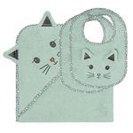Sensei Maison Ensemble bébé cape de bain + 2 bavoirs MISTY LE CHAT. Coloris disponibles : Rouge