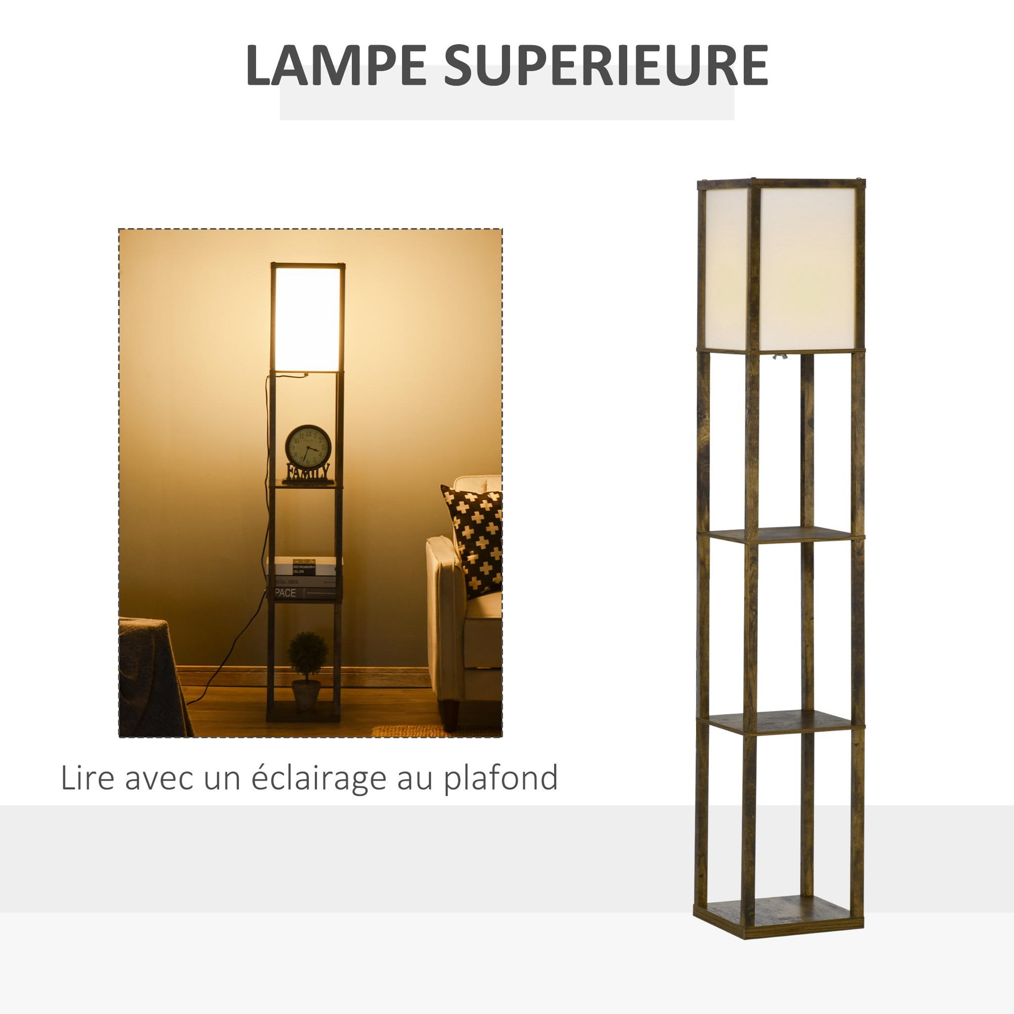 Voir la diapositive 6 : HOMCOM Lampadaire étagère lampe étagère 26l x 26l x 160h cm 3 étagères 4 niveaux mdf aspect bois vieilli