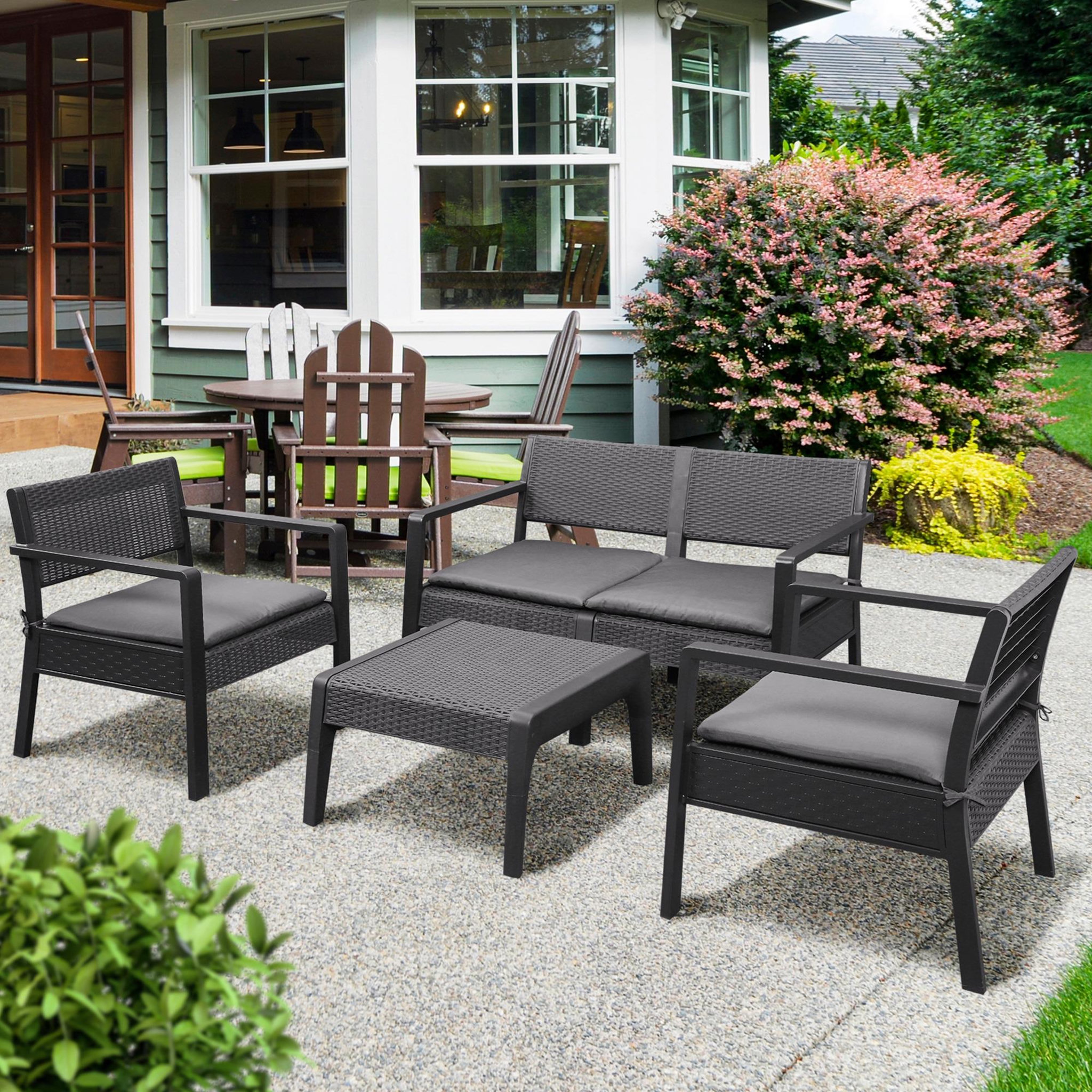Voir la diapositive 2 : OUTSUNNY Ensemble salon de jardin 4 places 4 pièces design style yachting coussins déhoussables inclus table basse métal époxy résine tressée anthracite