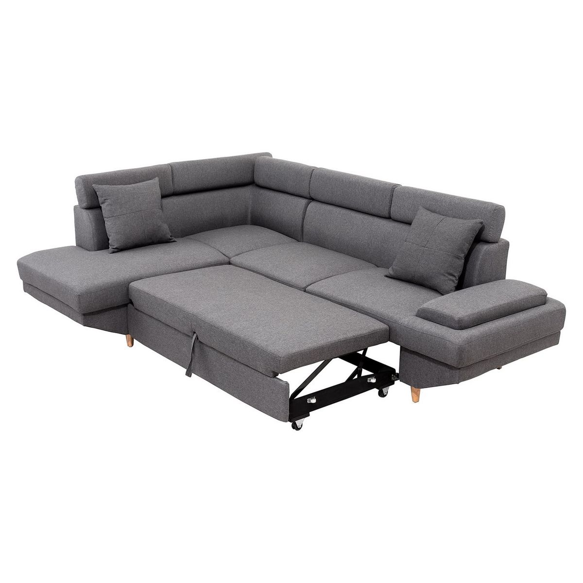 Canapé d'angle gauche convertible 5 places tissu pieds bois clair MARIUS 