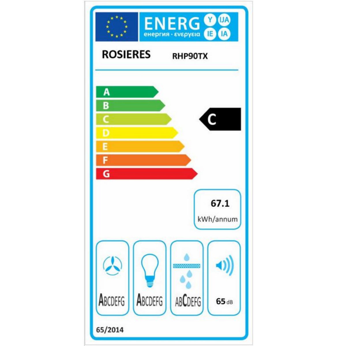 Rosieres Hotte décorative murale 90cm 65db 504m3/h inox/verre noir - rhp90tx