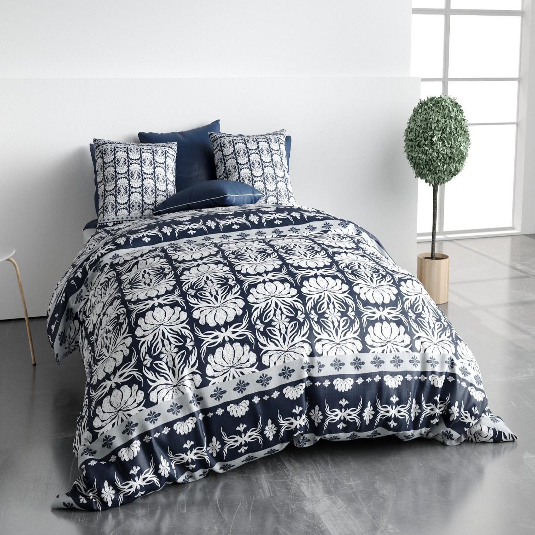 Les Ateliers du Linge Parure housse de couette 100% coton folk. Coloris disponibles : Marron, Gris