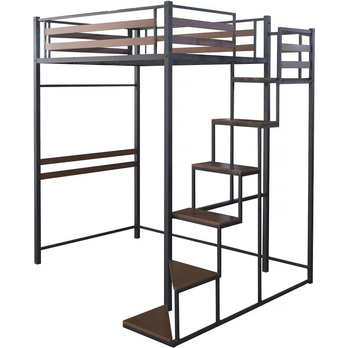 Habitat et Jardin Lit mezzanine en métal avec escalier  LENA  - 140 x 190 cm - Noir et marron noyer