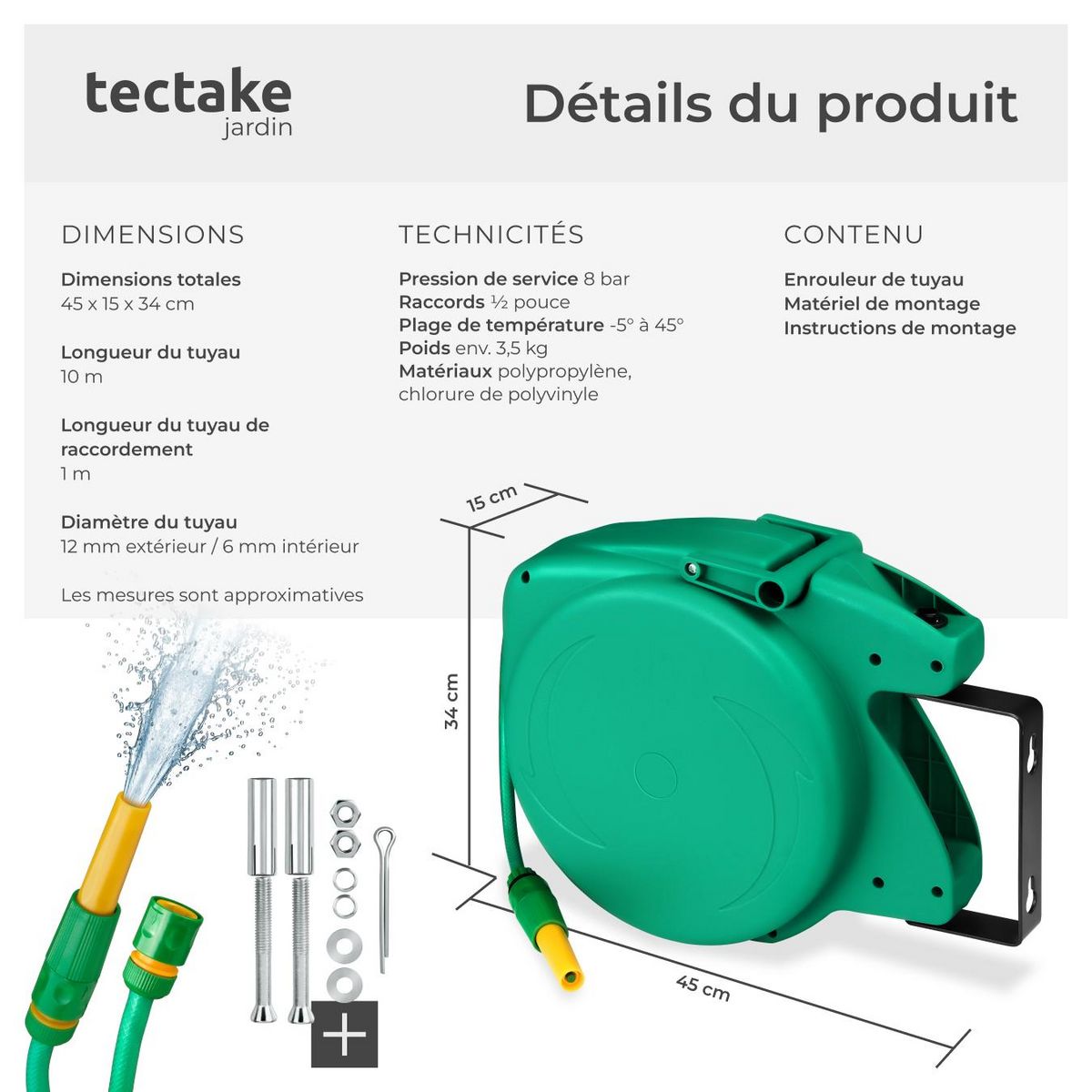tectake Dévidoir à enroulement automatique pour tuyau d'arrosage avec raccord rapide 1/2 pouce vert