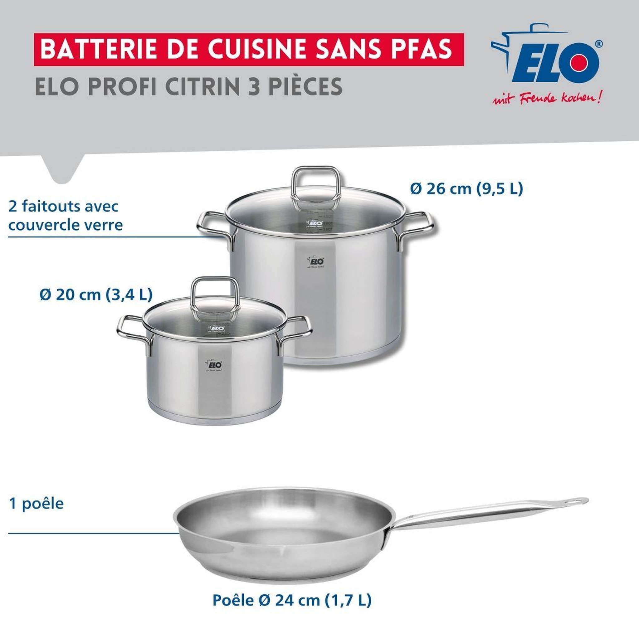 Voir la diapositive 2 : ELO Ensemble de 1 poêle de cuisson 24 cm et 2 faitouts 20 et 26 cm elo profi citrin