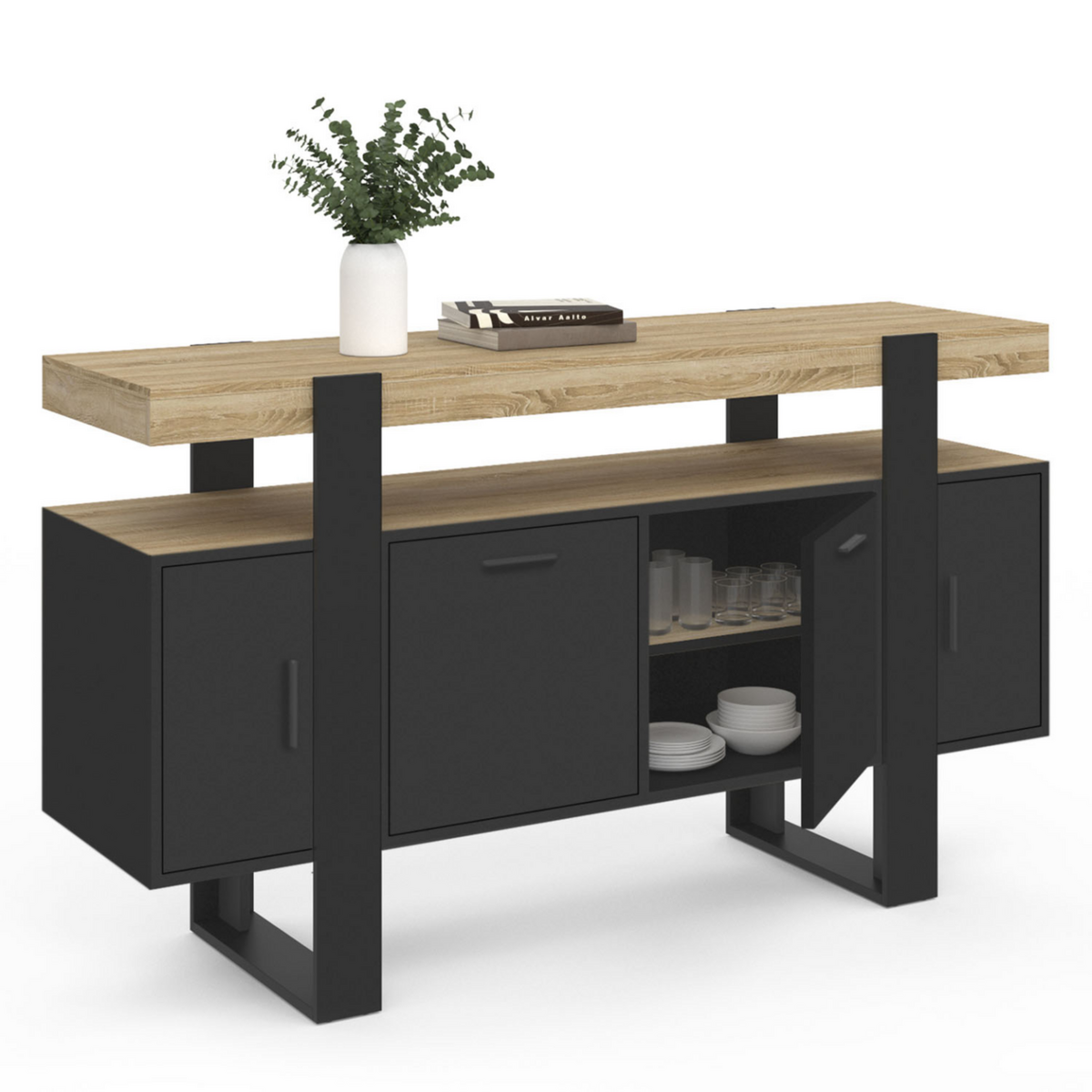 ID MARKET Buffet 140 cm PHOENIX 4 portes noir avec plateau bois