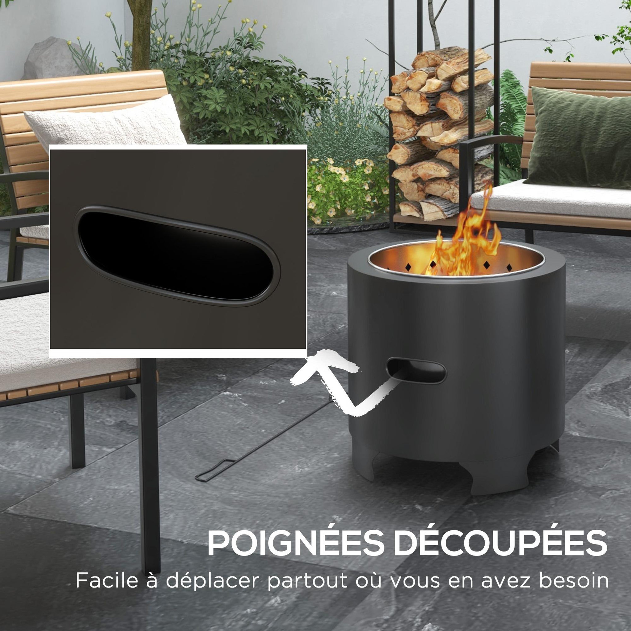 Voir la diapositive 6 : OUTSUNNY Brasero extérieur portable avec tisonnier - Ø 45 cm - acier inox métal noir