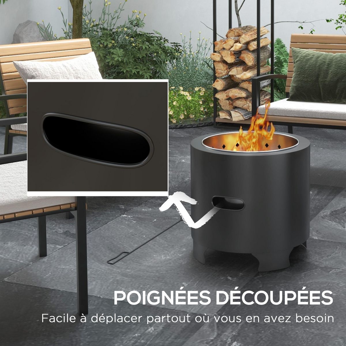 OUTSUNNY Brasero extérieur portable avec tisonnier - Ø 45 cm - acier inox métal noir