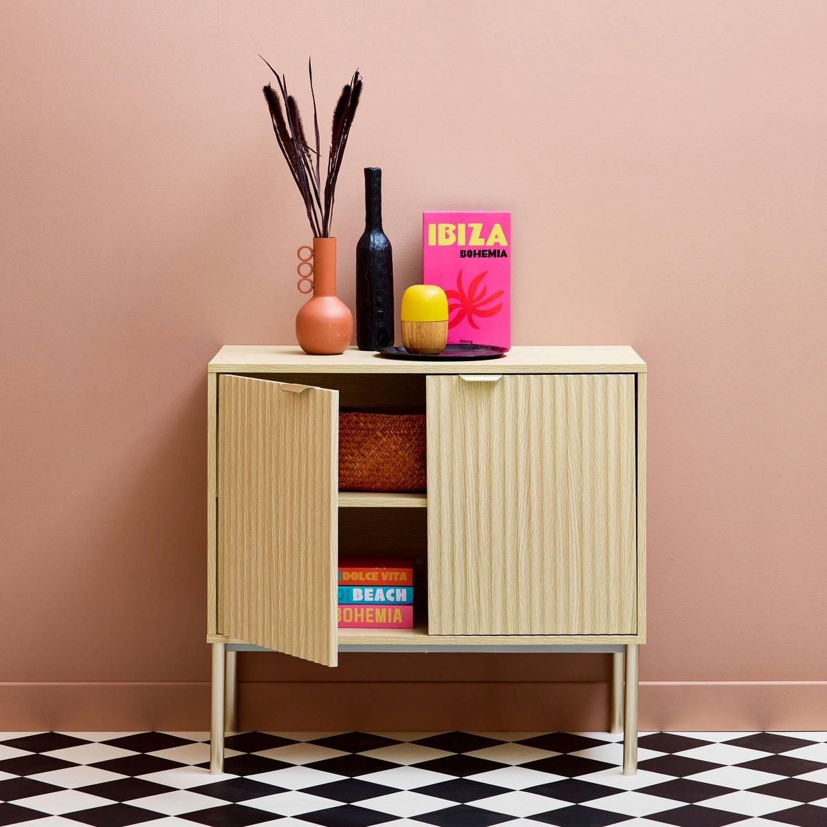 SWEEEK Buffet effet bois rainuré et métal champagne. 2 portes 80cm. buffet bas