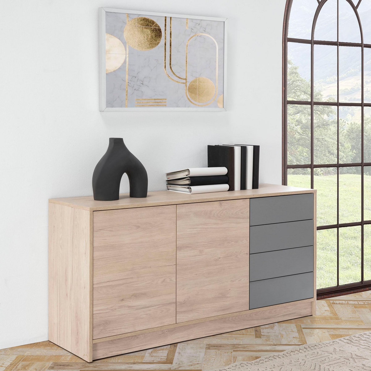 VS VENTA-STOCK Buffet Panama 4 tiroirs, 2 Portes, Couleur Bois et Gris, 136 cm Largeur