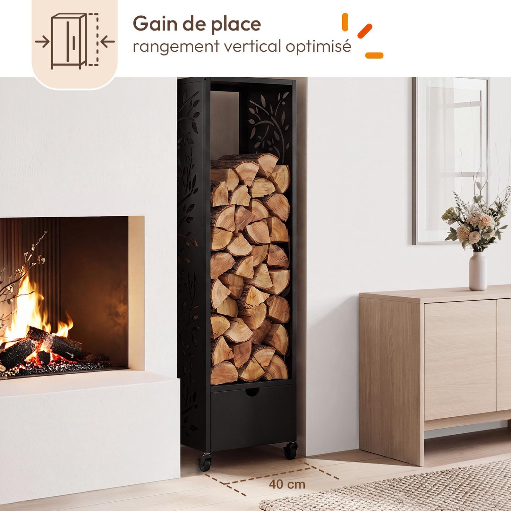Voir la diapositive 4 : ID MARKET Range bûches vertical plein acier noir motif arbre h. 140 cm pour cheminée avec roulettes et tiroir