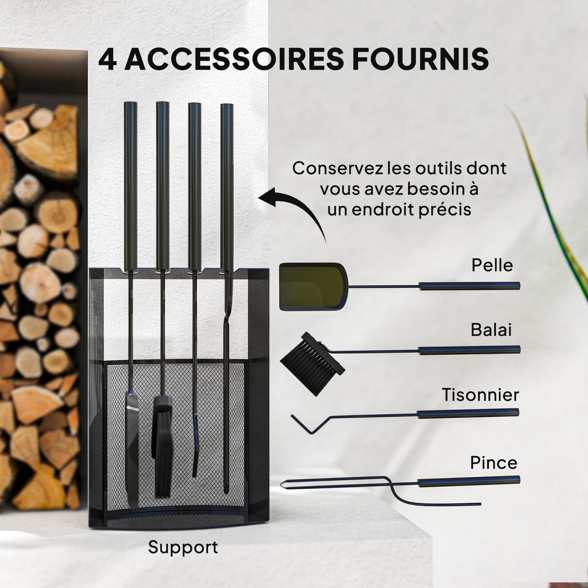 OUTSUNNY Ensemble serviteur de cheminée design 5 pièces en métal - brosse, pelle, tisonnier, pince - support inclus noir