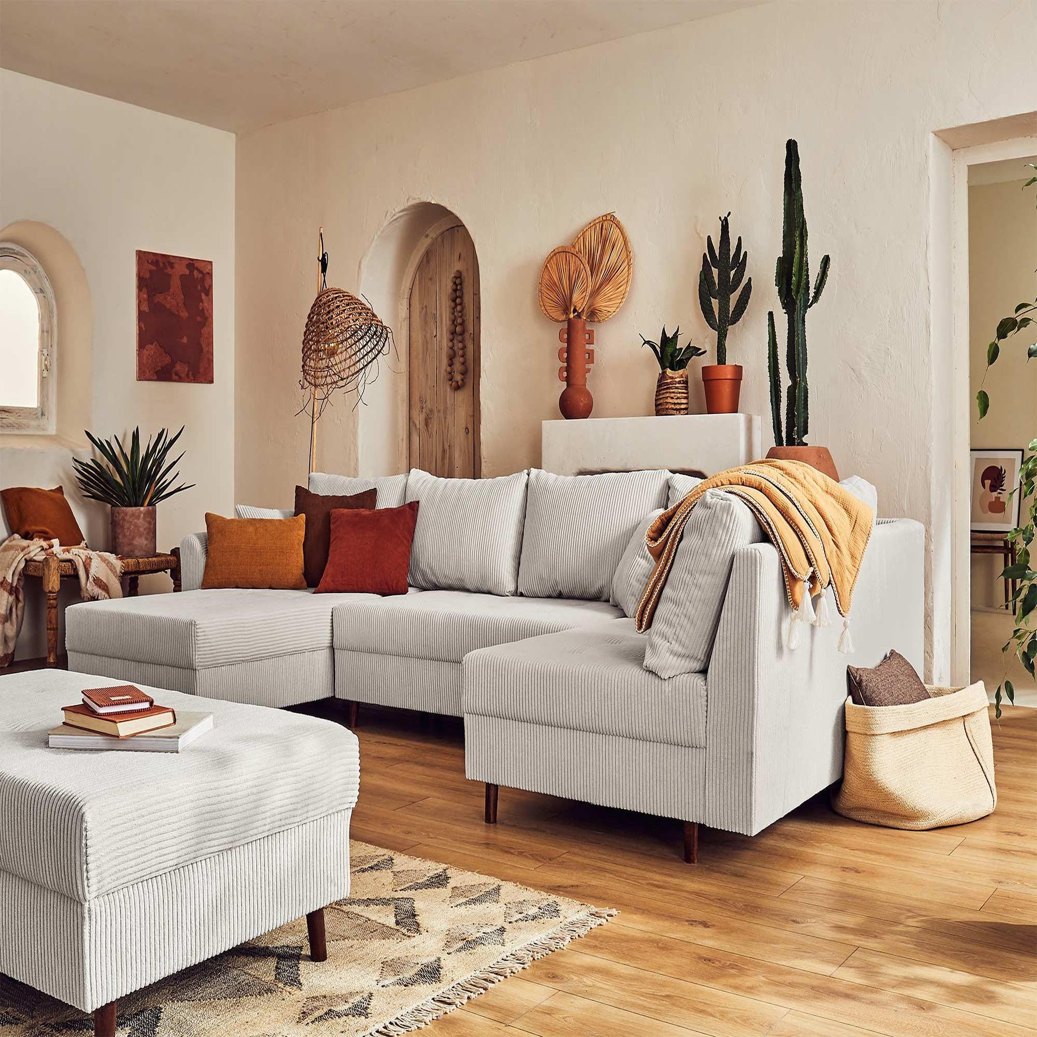 Voir la diapositive 2 : BEST MOBILIER Rune - canapé panoramique d'angle droit - 7 places - avec pouf d'appoint - en velours côtelé