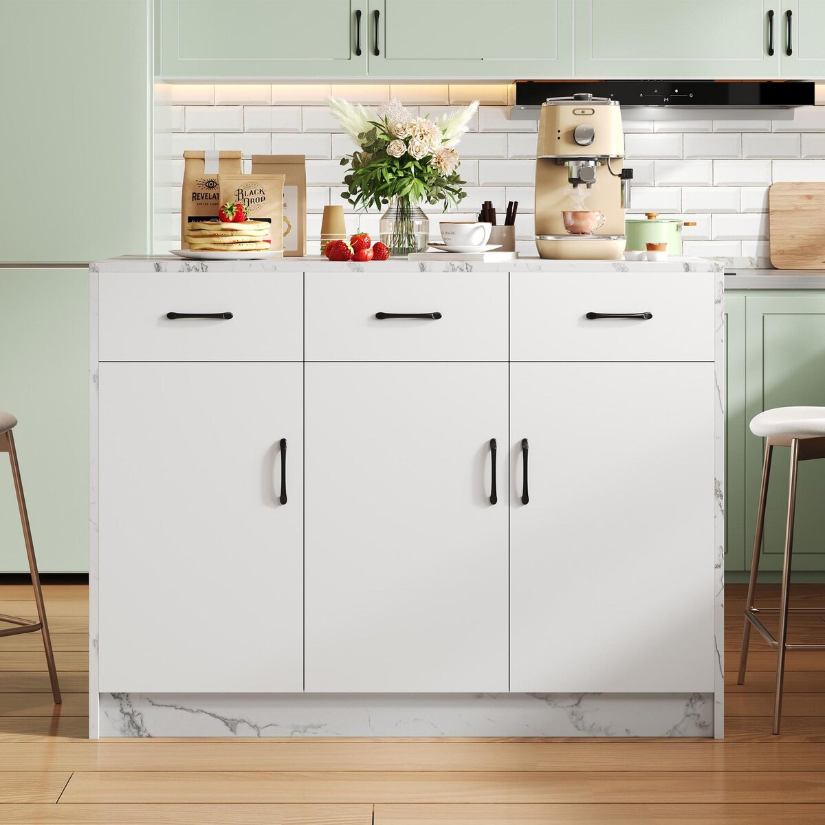 MERAX Ilot de cuisine 3 portes 3 tiroirs coloris blanc mdf