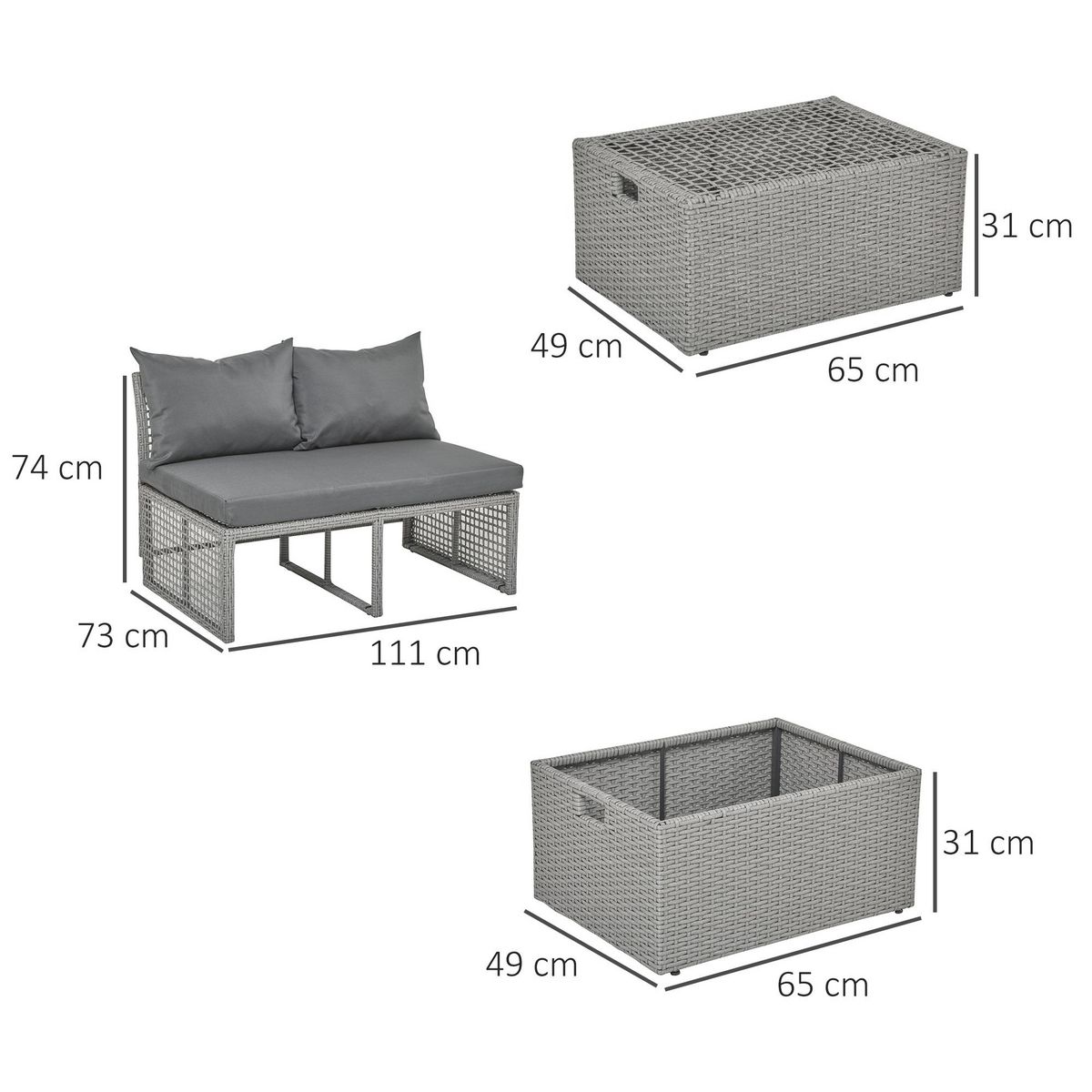 OUTSUNNY Ensemble salon de jardin 3 places 3 pièces - canapé 2 places, pouf, coffre rangement - 4 coussins inclus - résine tressée imitation rotin gris