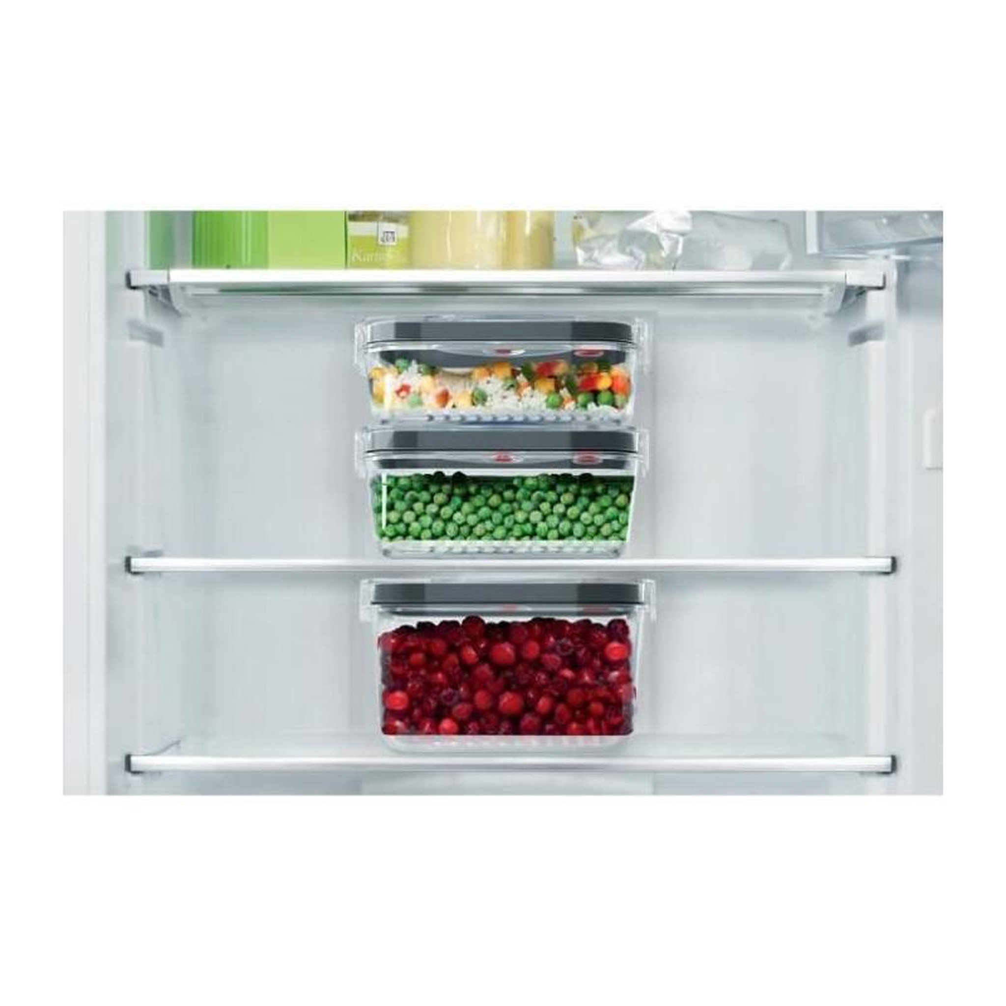 Voir la diapositive 2 : BOSCH BOSCH - 3 boites de conservation sous vide hermetiques : 0,7L, 1,0L et 1,5L - Bac degouttement - Indicateur jour et mois - Trita