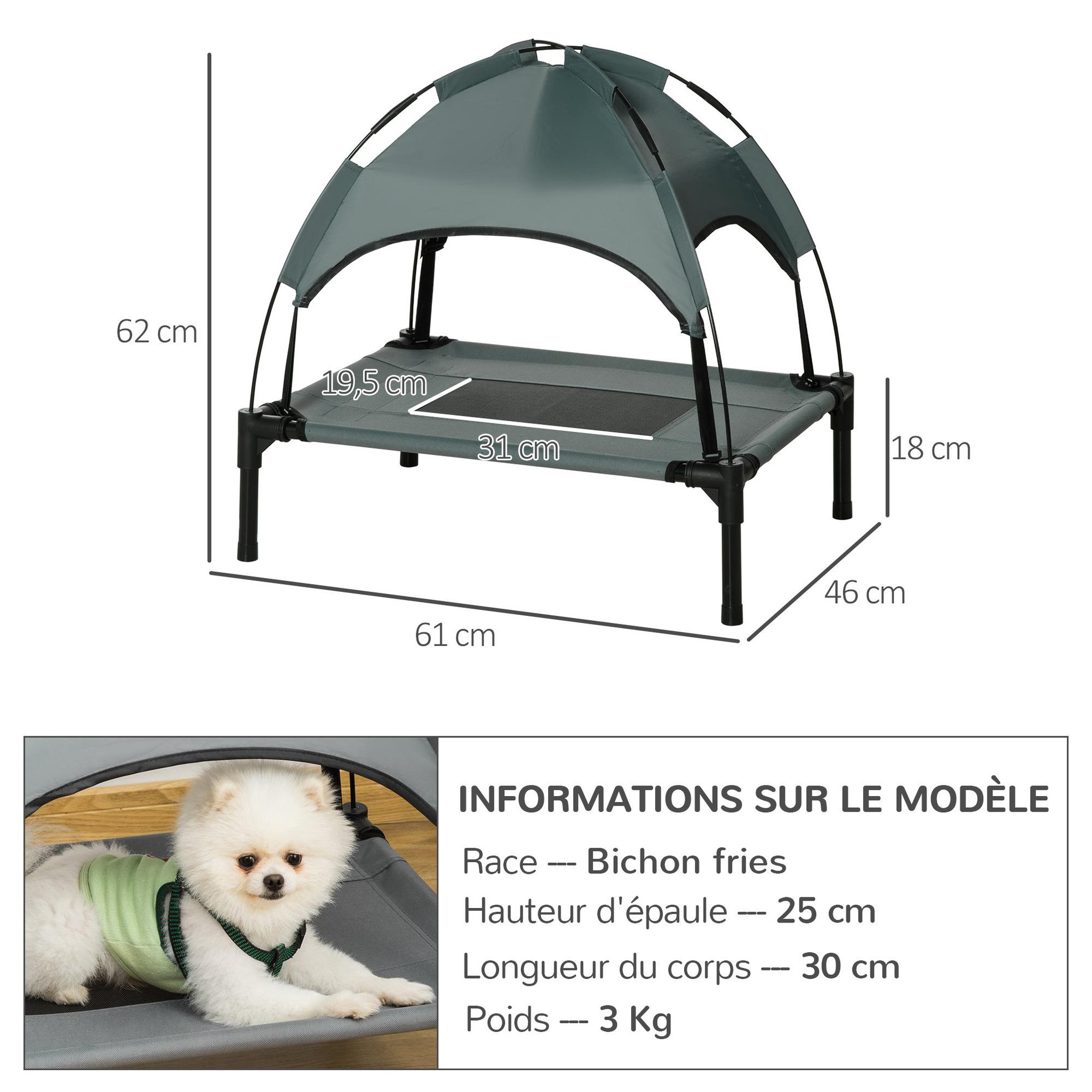 Voir la diapositive 3 : PAWHUT Lit pour chien chat sur pieds lit de camp lit surélevé rafraîchissant velum anti-uv oxford micro-perforé parasol et sac de transport inclus dim. 61l x 46l x 61h cm gris noir