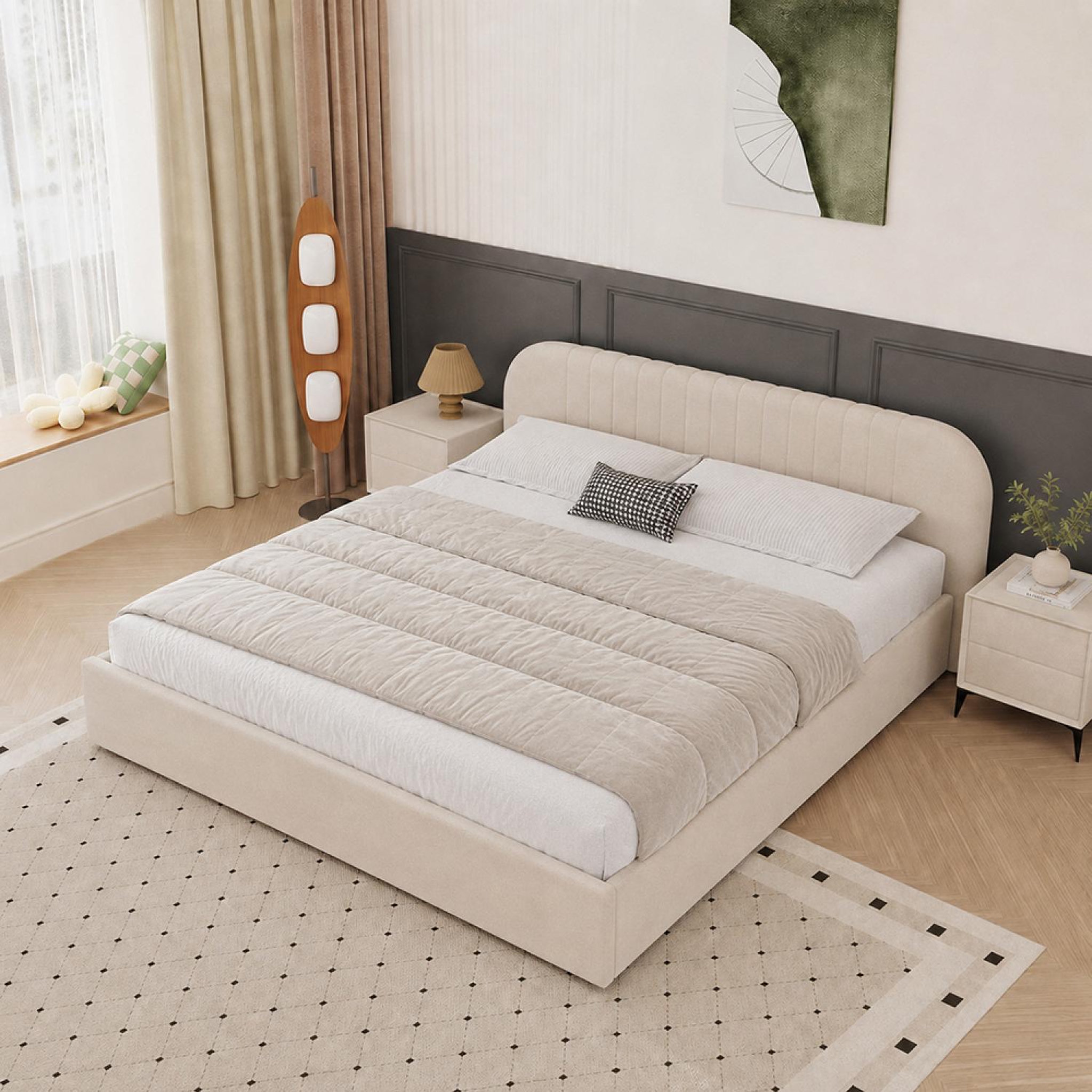 Voir la diapositive 4 : CONCEPT USINE Lit avec coffre de rangement 160x200cm en velours beige irvine