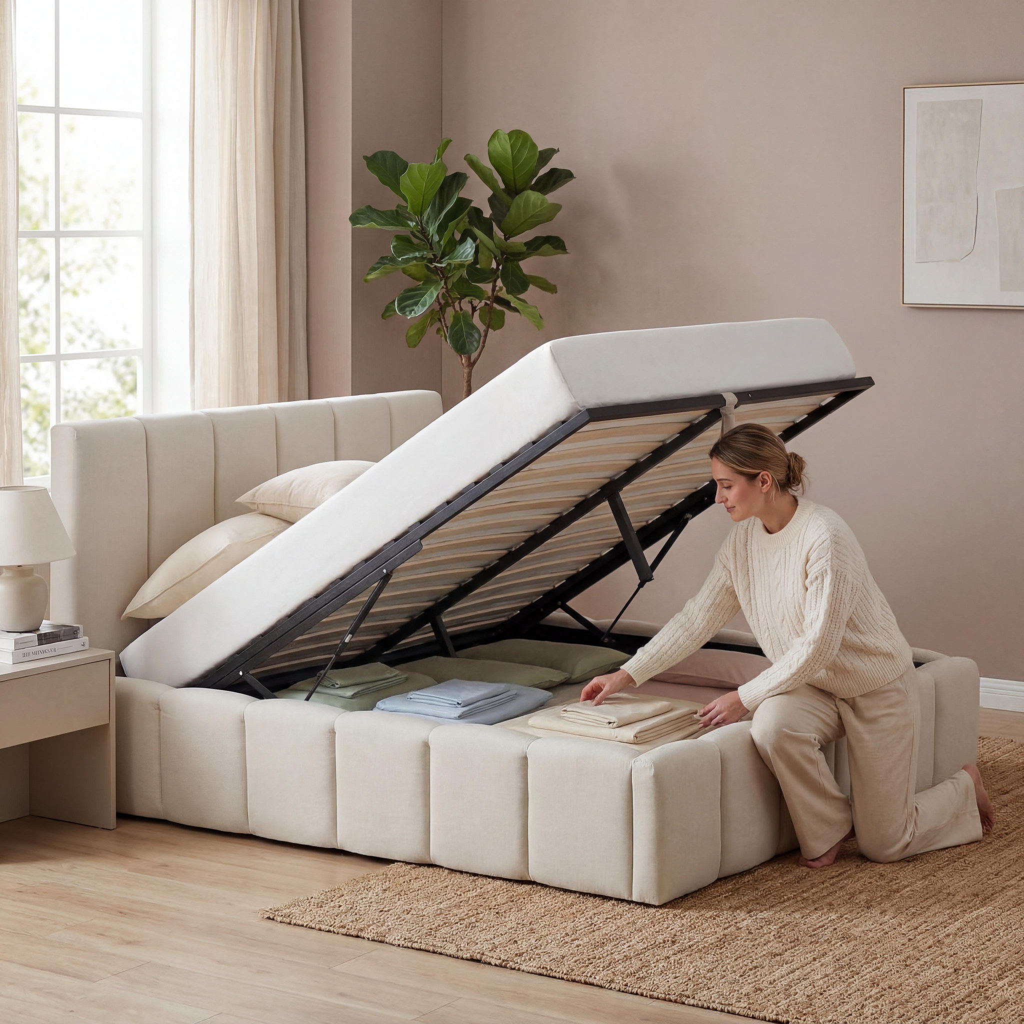 Voir la diapositive 2 : BELLECOUR Bellecour literie | lit coffre beige madeleine 2 places