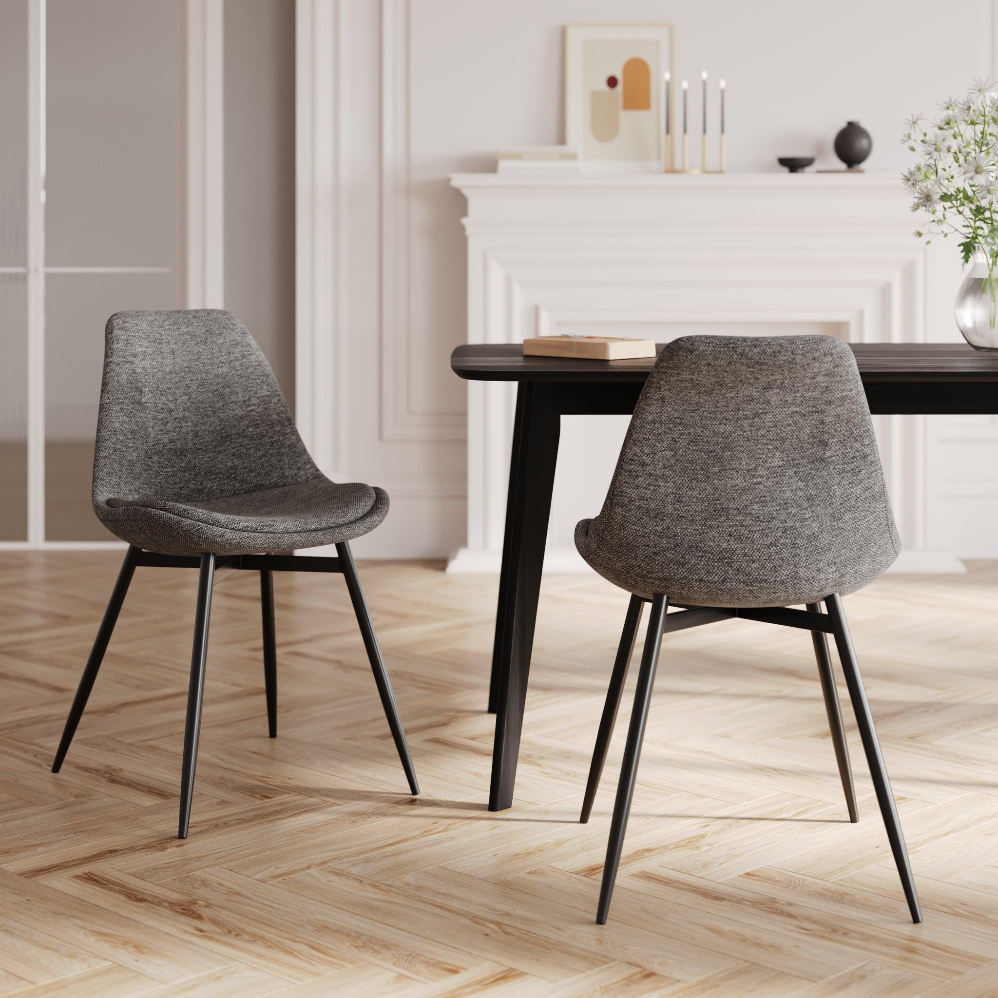 Voir la diapositive 2 : MAISON PAVANE Lot de 2 chaises en tissu gris foncé chiné et pieds en métal-filipi