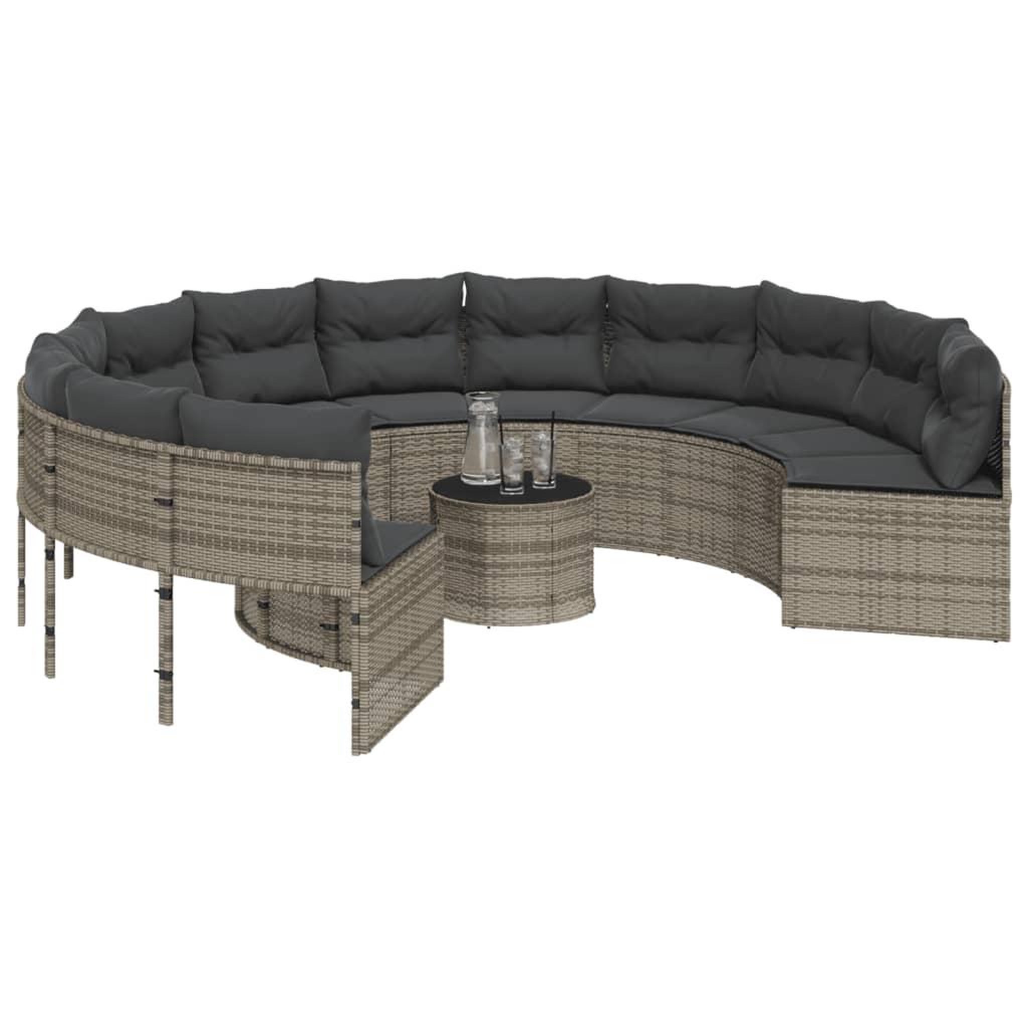 Voir la diapositive 3 : VIDAXL Canape de jardin avec table coussins rond gris resine tressee