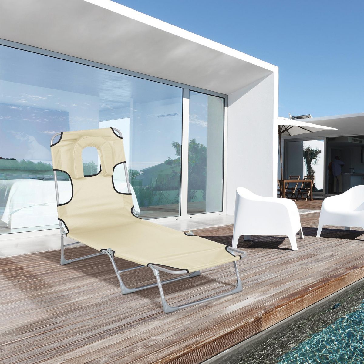 OUTSUNNY Bain de soleil pliable inclinable 4 positions - espace visage rembourré - acier oxford beige