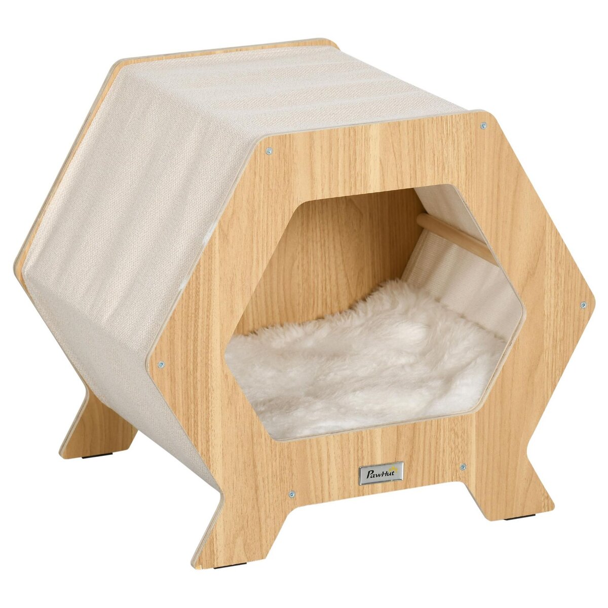 Maison pour chat design hexagonal - niche chat panier chat - coussin  fourrure amovible, grattoir jute naturelle - contreplaqué aspect bois clair