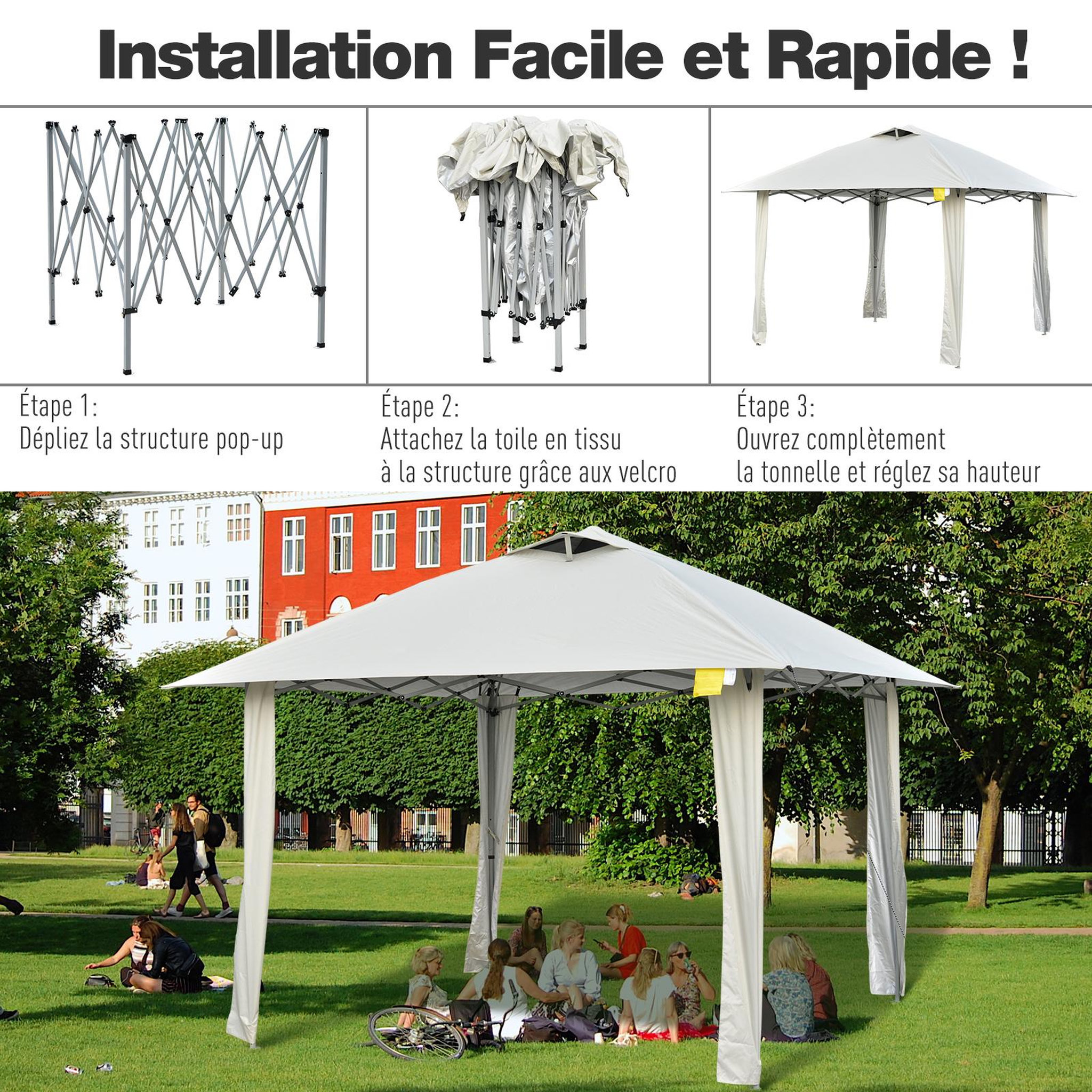 Voir la diapositive 4 : OUTSUNNY Tonnelle barnum de jardin pop-up pliant 3,35L x 3,35l x 2,80H m acier époxy polyester anti UV crème