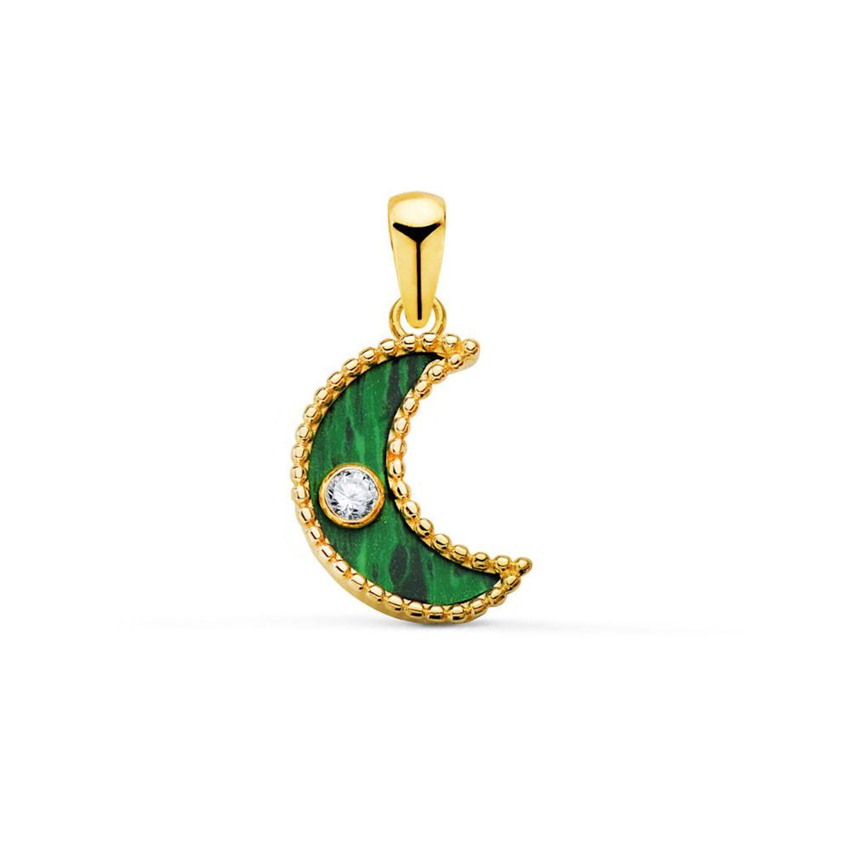 L'ATELIER D'AZUR Pendentif Lune Or 18 Carats 750 Jaune - Malachite et Zirconium - Chaine Offerte