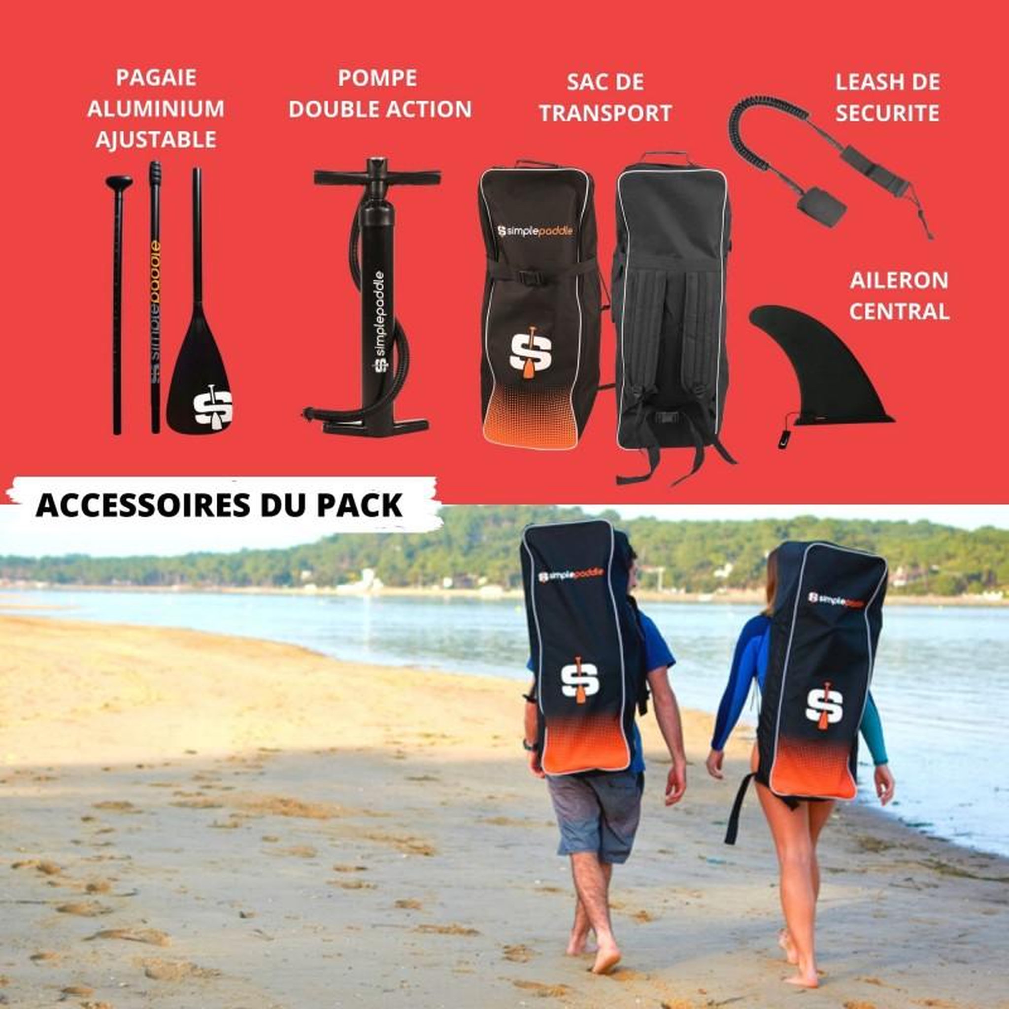 Voir la diapositive 5 : SIMPLE PADDLE Paddle Gonflable 10'8 32'' 6'' (325 x 81 x 15 cm) avec Pagaie, Leash, Pompe et Sac de Transport