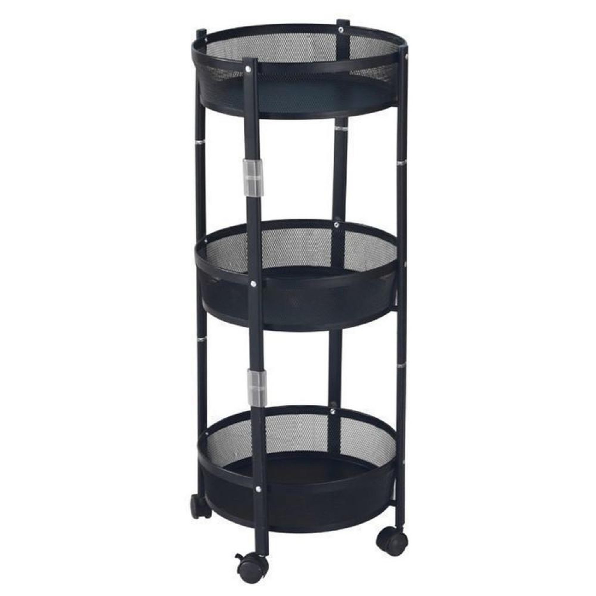Chariot de rangement rond pliable 3 niveaux en acier noir, paniers grillagés, roulettes 360°