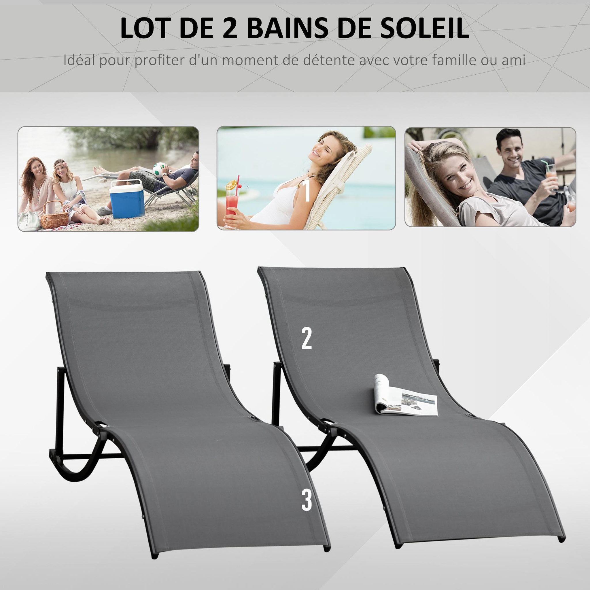 Voir la diapositive 4 : OUTSUNNY Lot de 2 bains de soleil pliables design contemporain - lot de 2 transats ergonomiques - alu. textilène anthracite