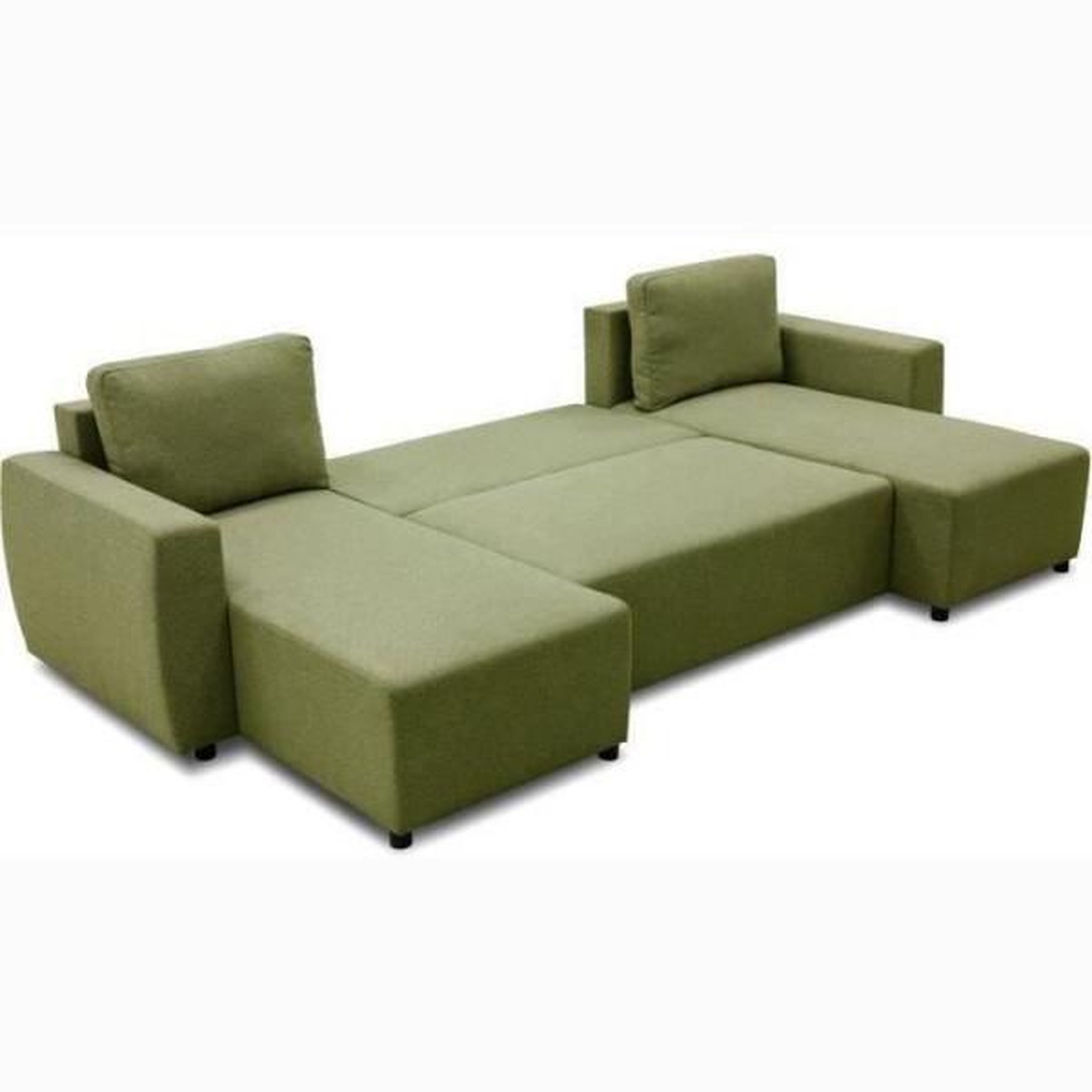 Voir la diapositive 4 : MARKET24 Canapé d'angle convertible panoramique PHARELL 5/6 places - Tissu olive - Coffre de rangement - L297 x P155 x H85 cm