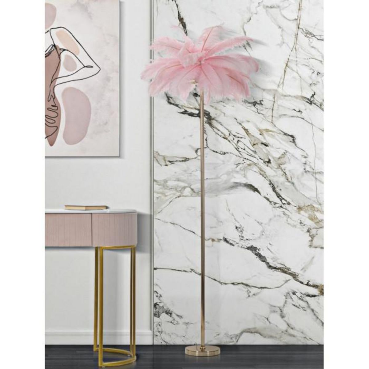 Paris Prix Lampadaire Imitation Plume  Palm  160cm Or & Rose