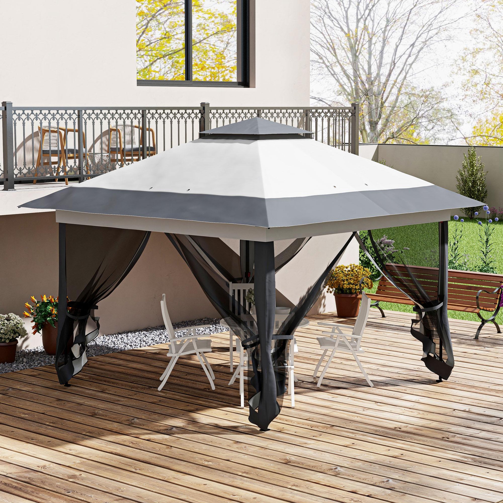 Voir la diapositive 4 : OUTSUNNY Tonnelle barnum de jardin pop-up pliant 3,64L x 3,64l x 2,98H m acier polyester moustiquaires + sac de transport à roulettes gris