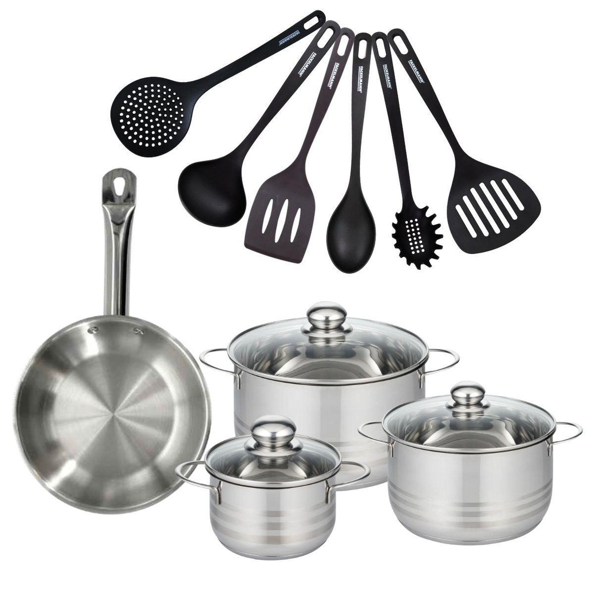 Fackelmann Batterie de cuisine avec 1 poêle 24 cm et 3 faitouts 16/20/24 cm et 6 ustensiles de cuisine sans pfas fackelmann etherna brillant fenix