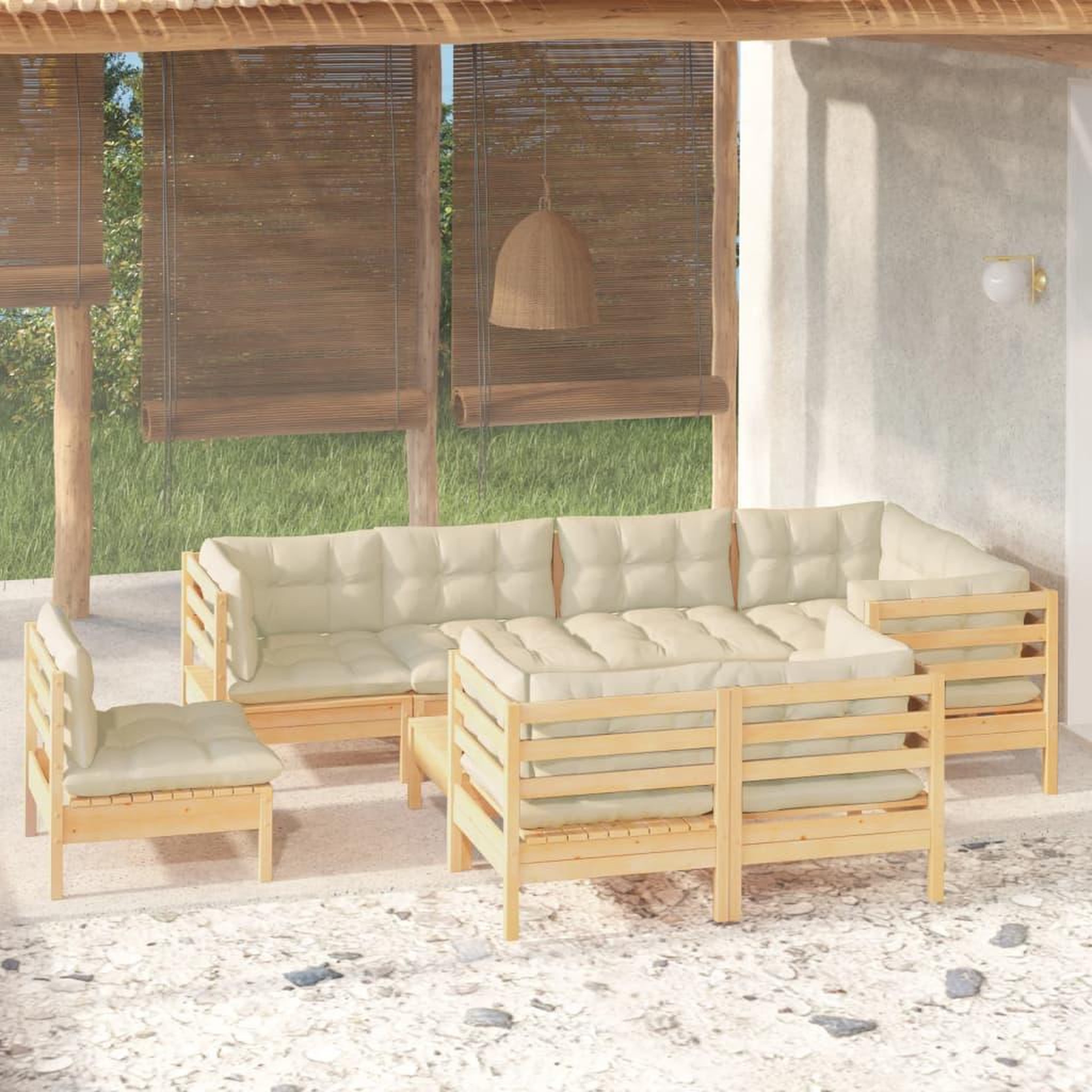 Voir la diapositive 1 : VIDAXL Salon de jardin 9 pcs avec coussins creme bois de pin massif