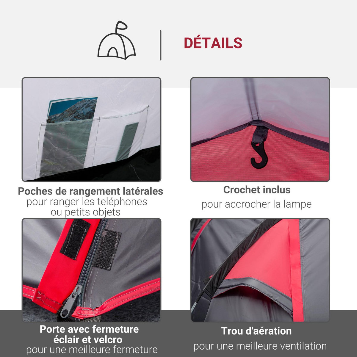 OUTSUNNY Tente de camping 2-3 personnes montage facile 3 portes fenêtres dim. 4,26L x 2,06l x 1,54H m fibre verre polyester PE gris