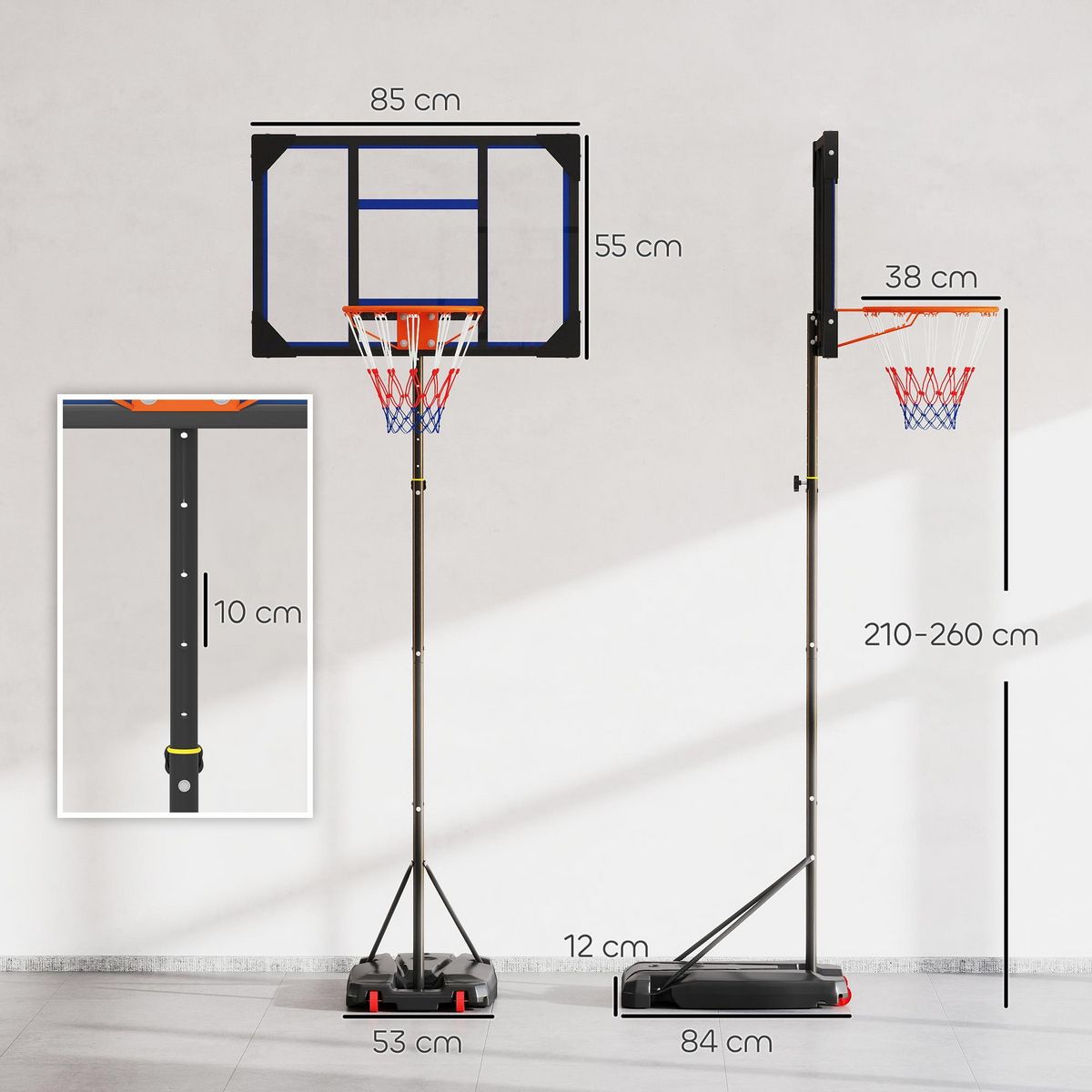 HOMCOM Panier de basketball sur pied - hauteur réglable 210-260 cm - base de lestage 2 roulettes - acier PVC bleu noir