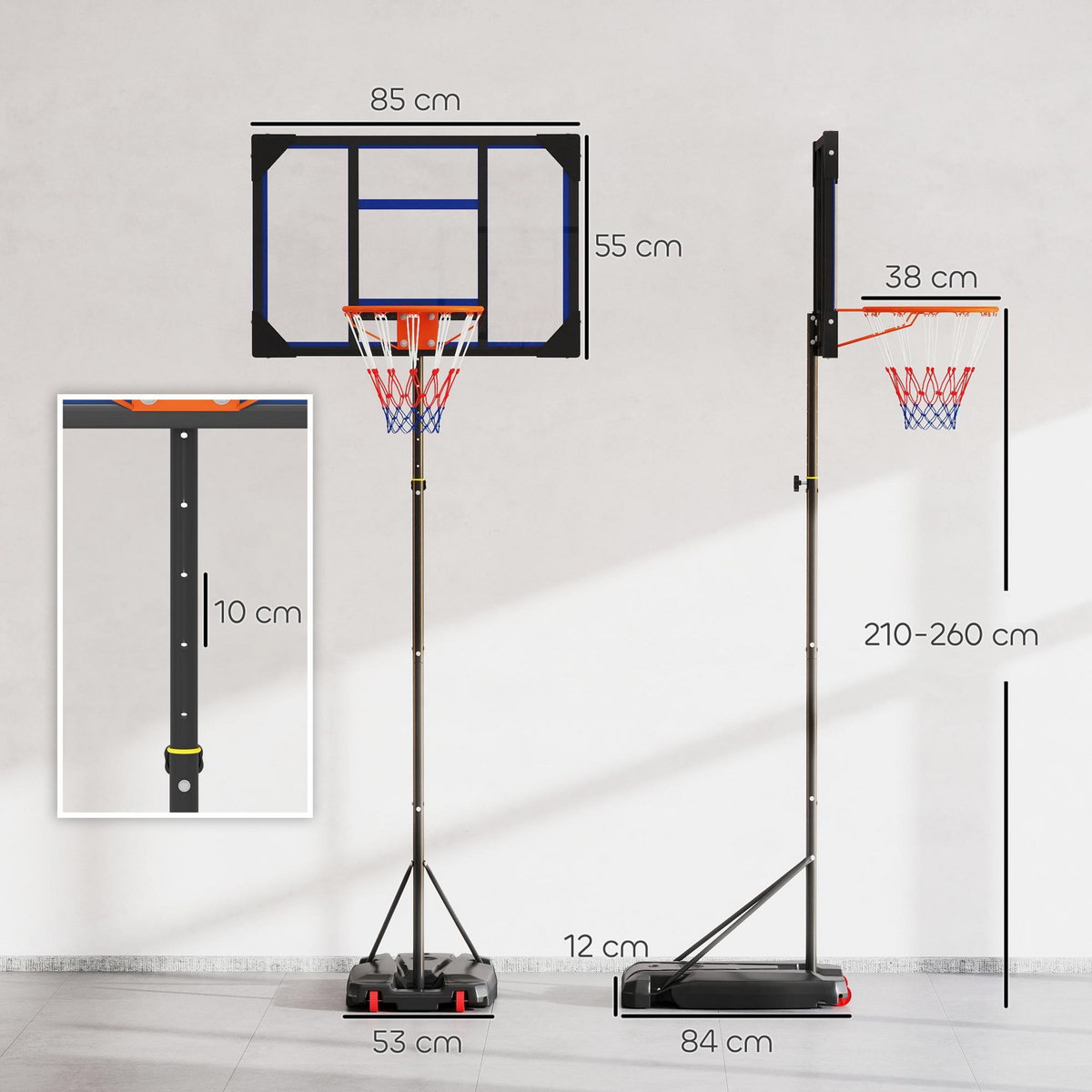HOMCOM Panier de basketball sur pied - hauteur réglable 210-260 cm - base de lestage 2 roulettes - acier PVC bleu noir