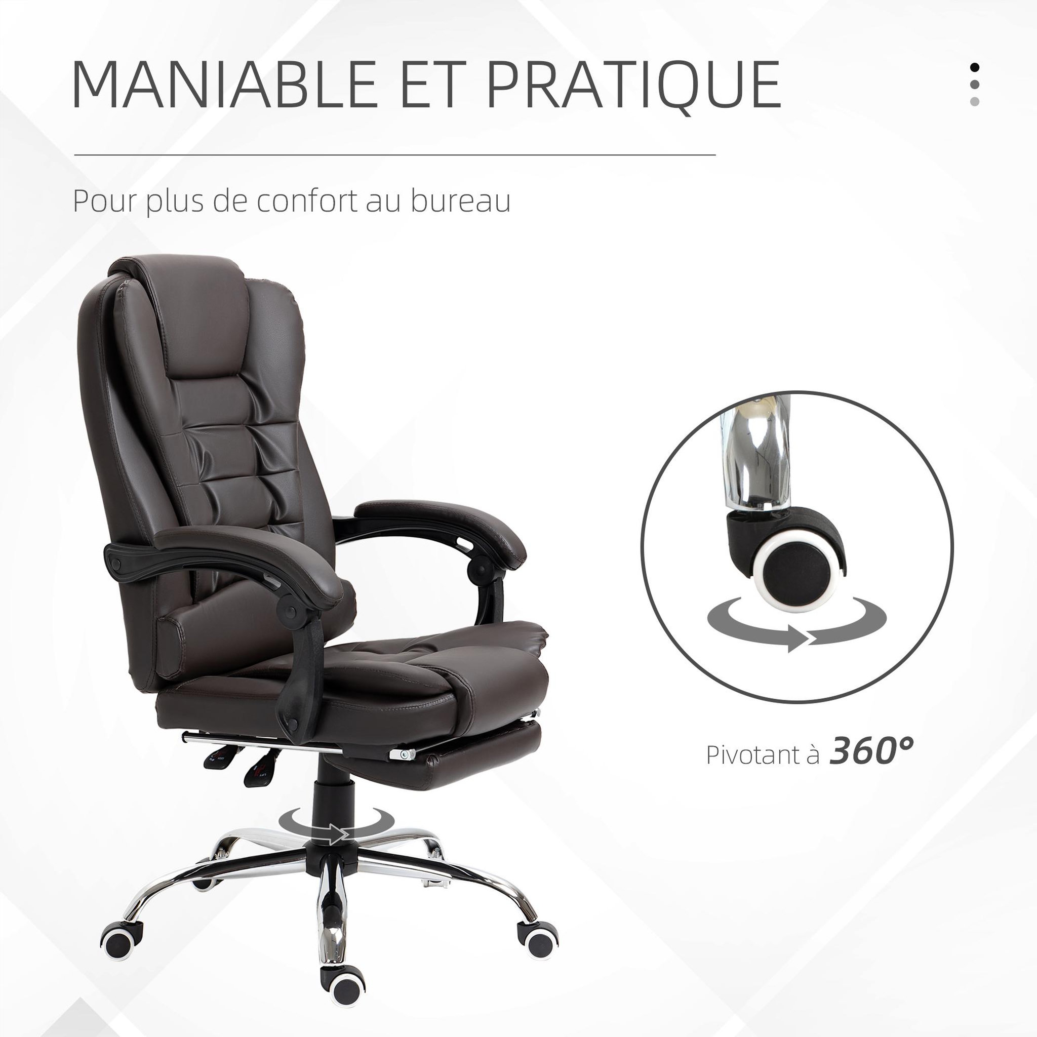 Voir la diapositive 6 : HOMCOM Fauteuil de bureau fauteuil manager grand confort réglable dossier inclinable repose-pied revêtement synthétique chocolat