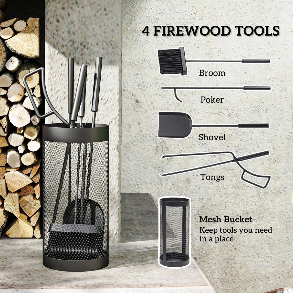 OUTSUNNY Serviteur de cheminée moderne 5 pièces - balai, pelle, pince, tisonnier, seau - métal noir